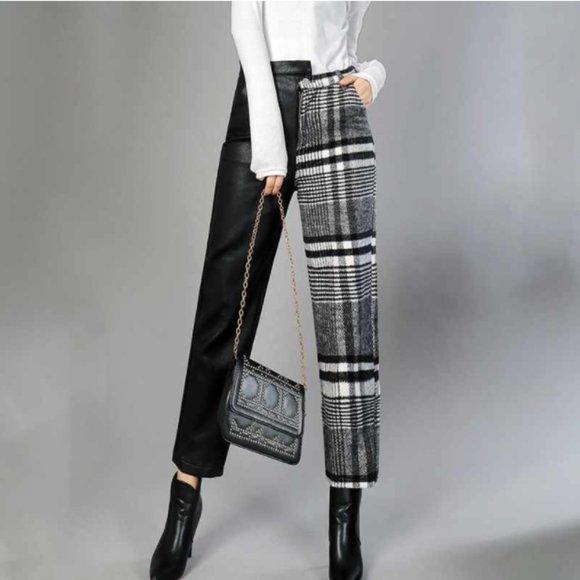 TWOTWINSTYLE Highwaist Asymmetrical Wool & PU pant - Picture 2 of 13